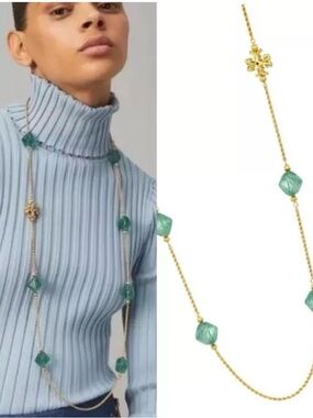 Tory Burch Gold Long Necklace with Green Beads